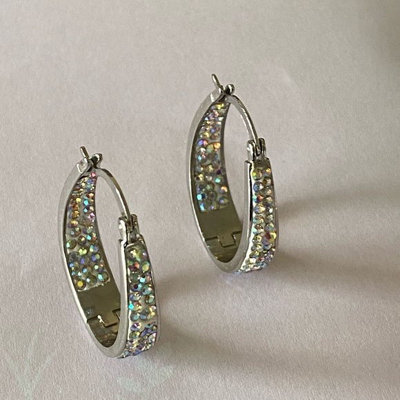Silver Hoop Earrings with Multicolor Crystals - Picture 1 of 10